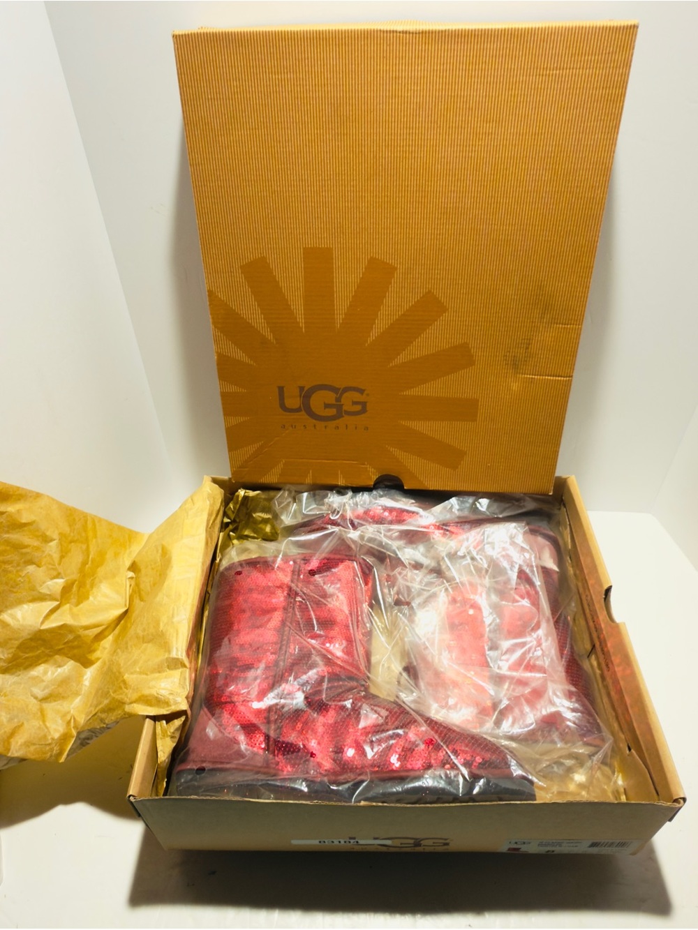 UGG  Australia Woman’s Red Sequin Boots Classic Short Women’s  USA 8 New In Box